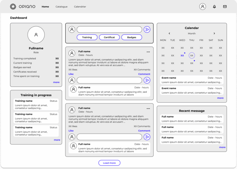 Wireframe de la homepage Opigno LMS