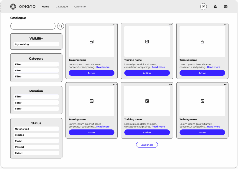 Wireframe du catalogue Opigno LMS