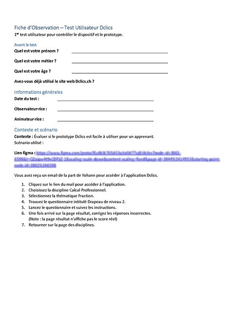 Fiche d'observation 1 pour les tests utilisateurs